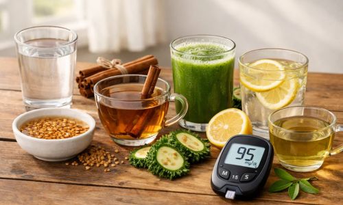Drinks for blood sugar control: water, fenugreek water, cinnamon tea, bitter gourd juice, lemon water, green tea with glucometer.
