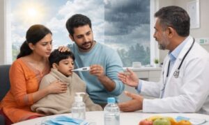 Doctor advising an Indian family on preventing viral fever during seasonal weather change, with health tips like masks, hygiene, and hydration visible.