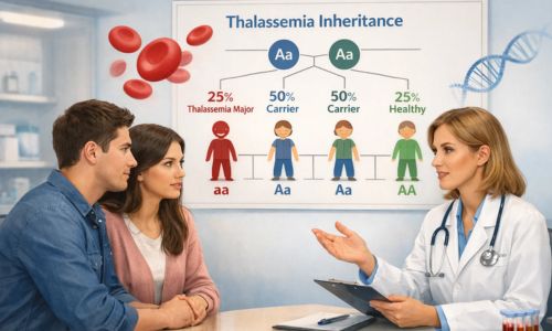 Doctor explaining thalassemia inheritance risks to a couple with a genetic probability chart showing 25% major, 50% carrier, and 25% healthy outcomes.